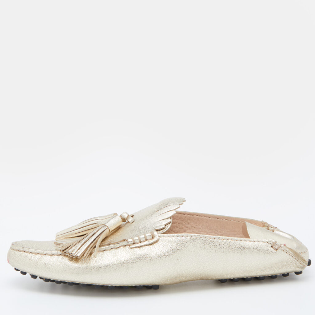 luxury-women-tods-used-shoes-p807906-002 Tod's Gold Leather Fringe Flat Mules Size 35