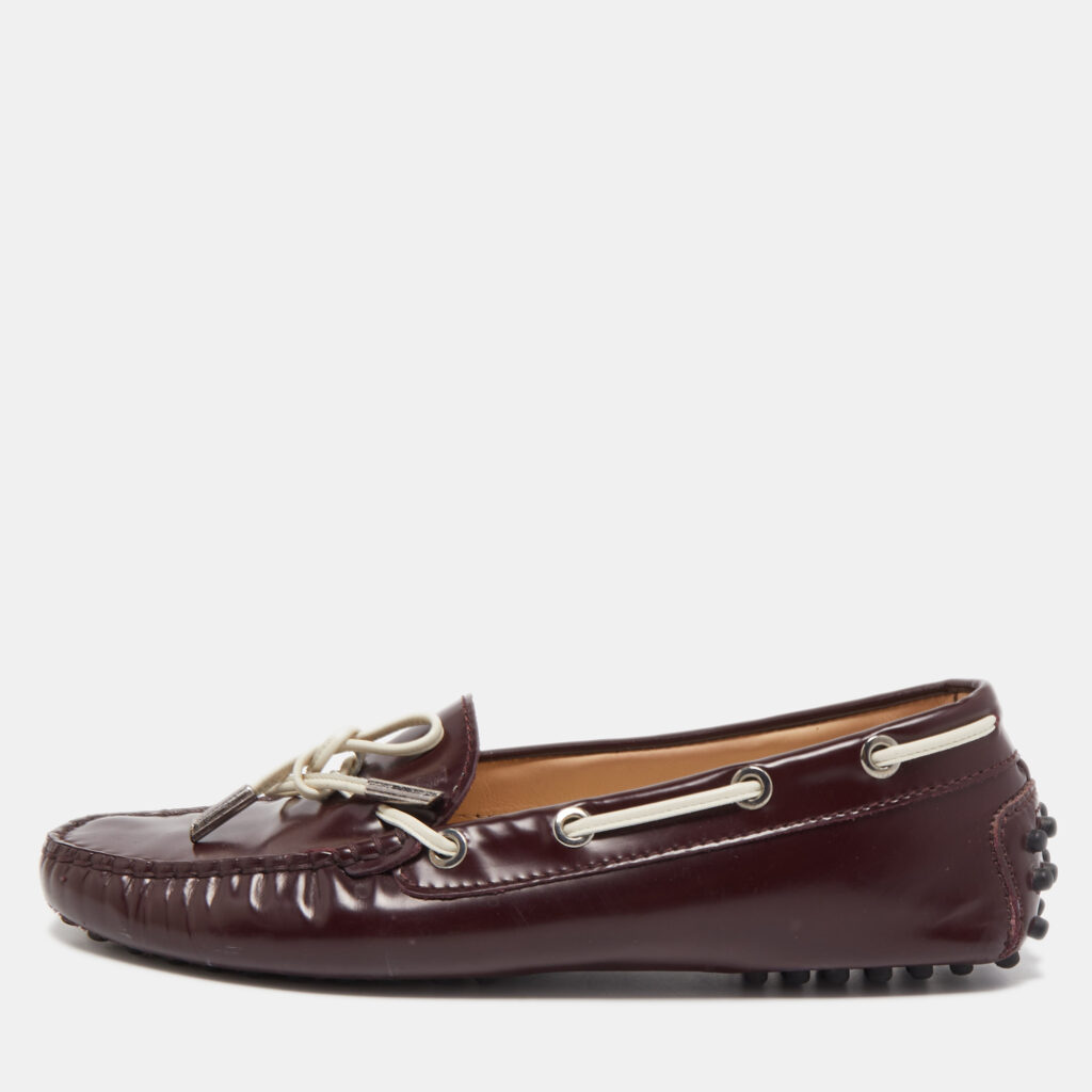 luxury-women-tods-used-shoes-p816066-001 Tod's Burgundy Leather Bow Slip On Loafers Size 36.5
