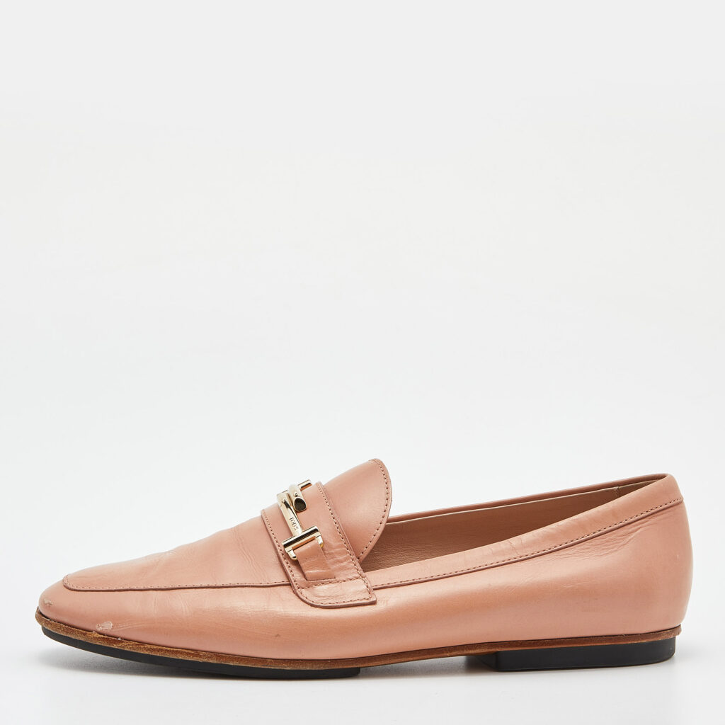 luxury-women-tods-used-shoes-p828033-002 Tod's Peach Leather Double T Slip On Penny Loafers Size 37.5