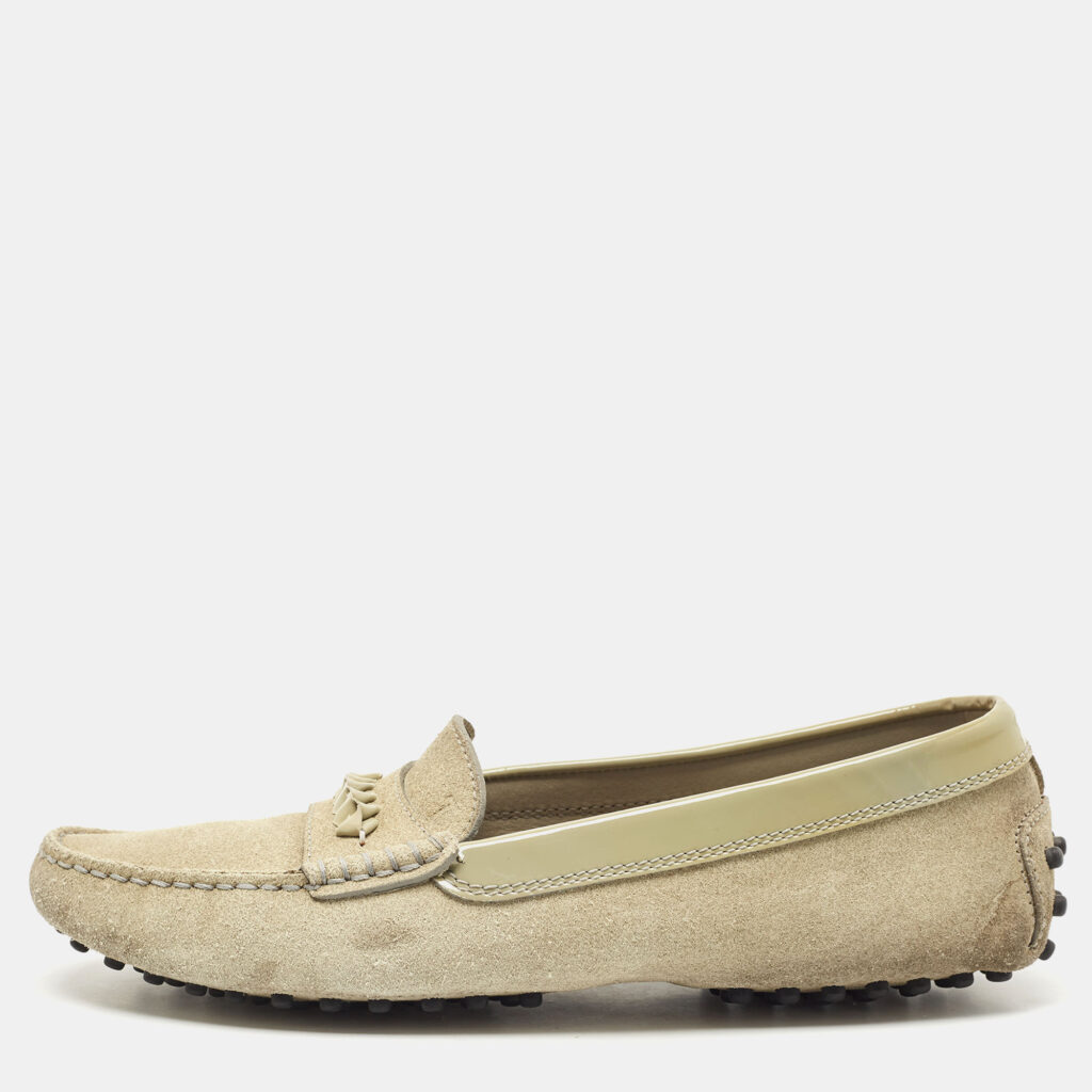 luxury-women-tods-used-shoes-p831300-004 Tod's Grey Suede and Patent Leather Slip On Loafers Size 38