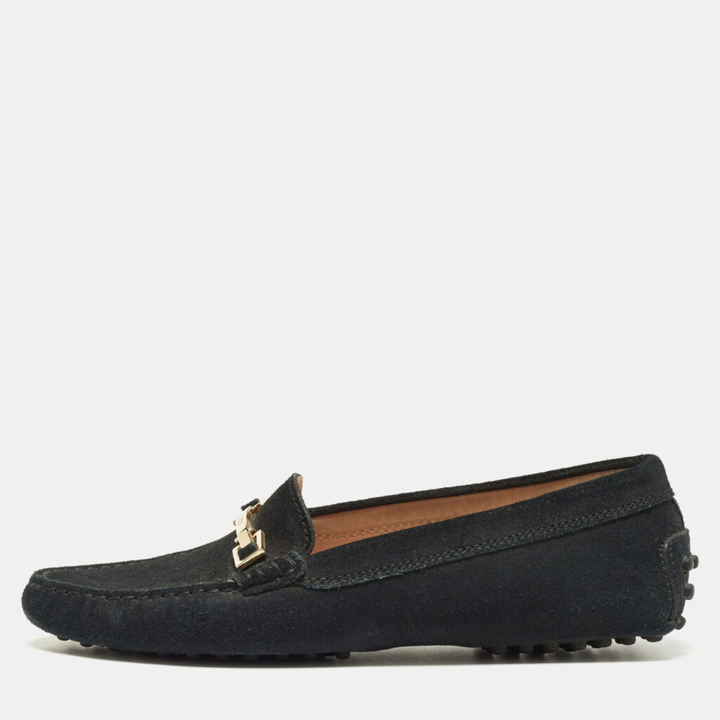 luxury-women-tods-used-shoes-p833602-010 Tod's Black Suede Horsebit Loafers Size 37