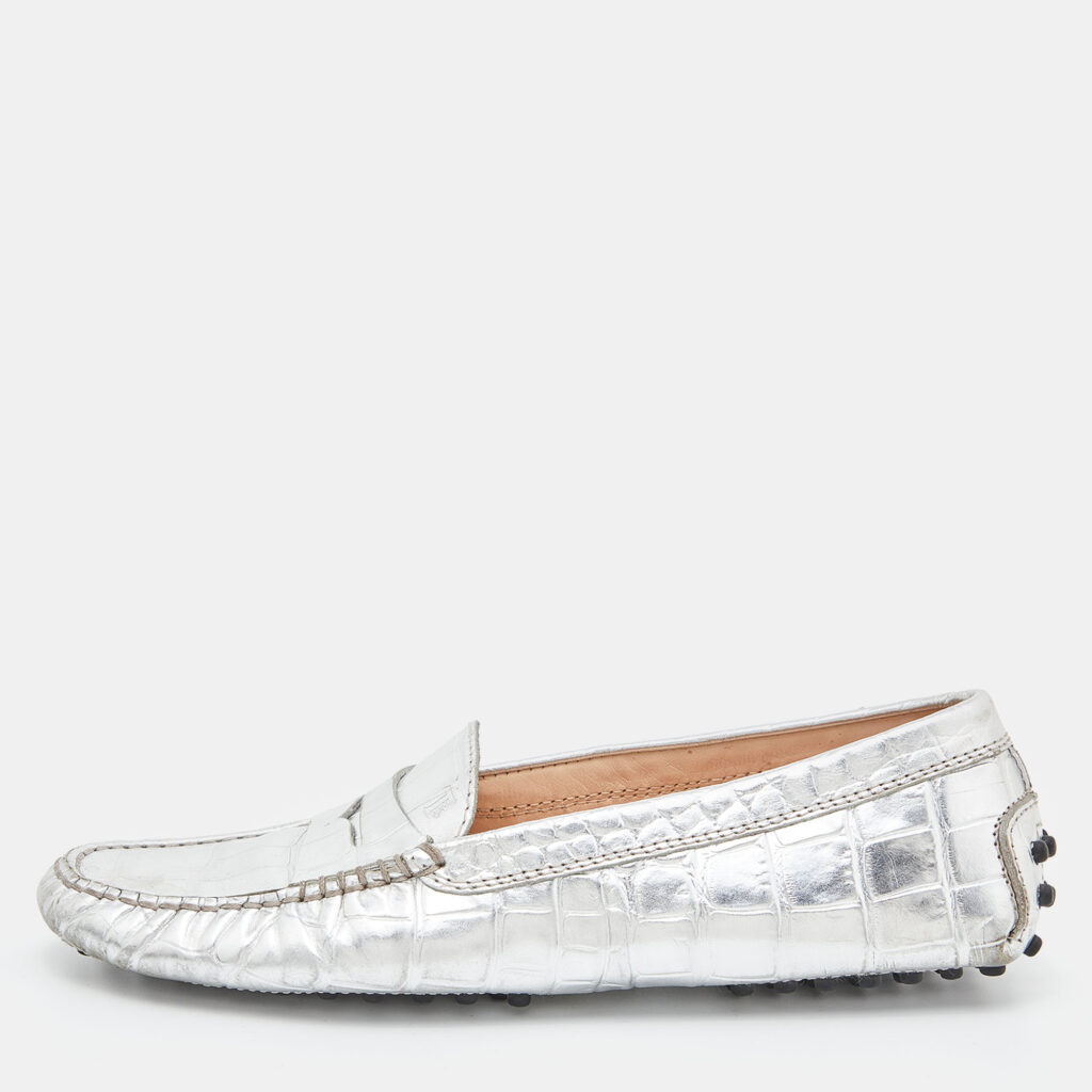 luxury-women-tods-used-shoes-p834892-010 Tod's Silver Croc Embossed Leather Loafers Size 35.5