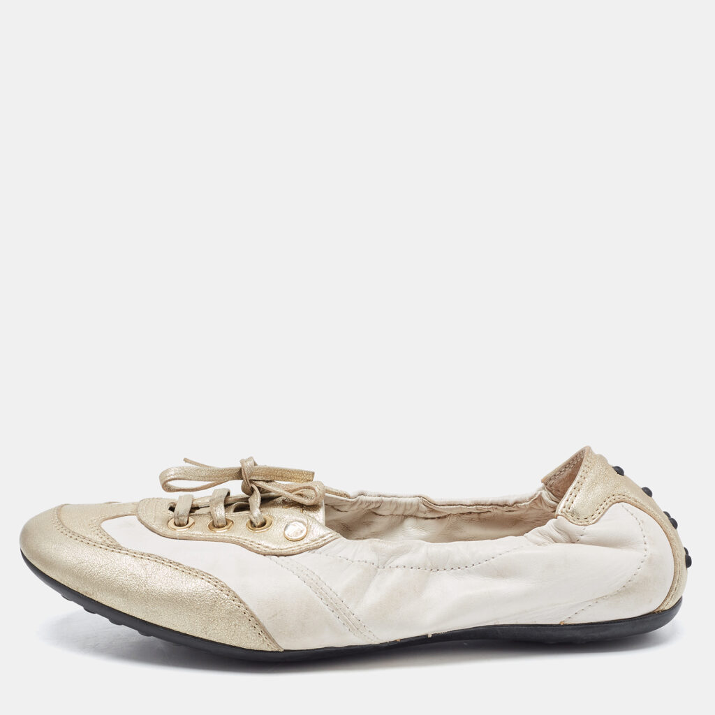 luxury-women-tods-used-shoes-p836783-005 Tod's White/Gold Leather Gomma Lace Up Loafers Size 36