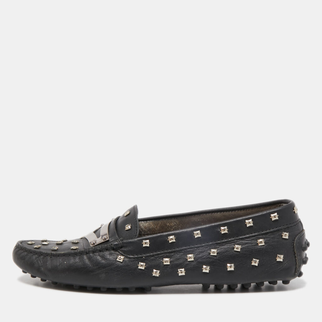 luxury-women-tods-used-shoes-p840185-001 Tod's Black Leather Crystal Embellished Penny Loafers Size 37