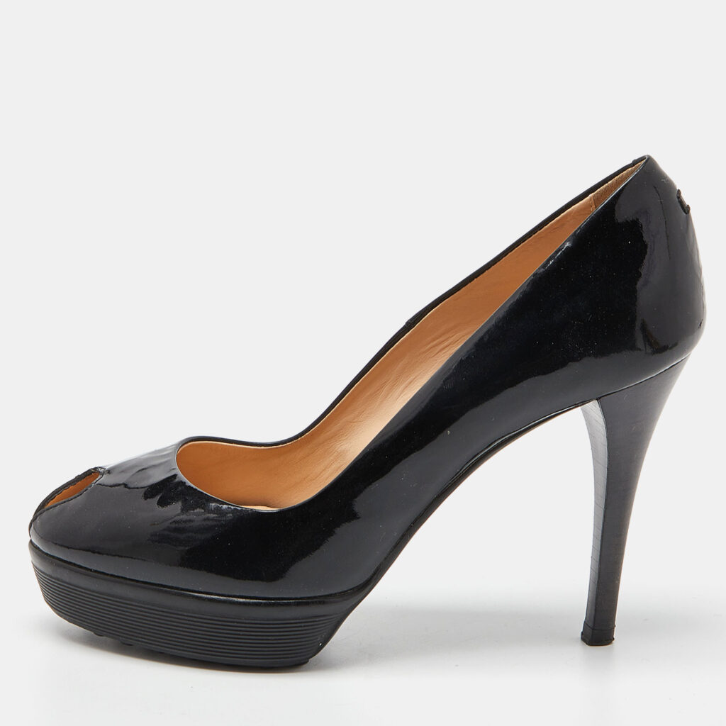 luxury-women-tods-used-shoes-p841180-010 Tod's Black Patent Leather Peep Toe Pumps Size 36