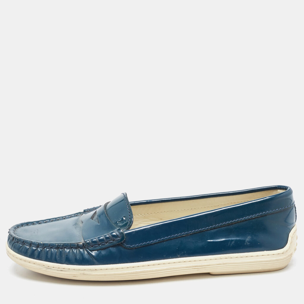 luxury-women-tods-used-shoes-p844227-004 Tod's Teal Patent Leather Penny Loafers Size 35