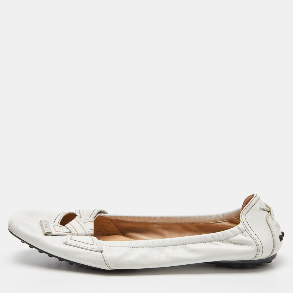 luxury-women-tods-used-shoes-p846019-010 Tod's White Leather Bow Ballet Flats Size 39.5
