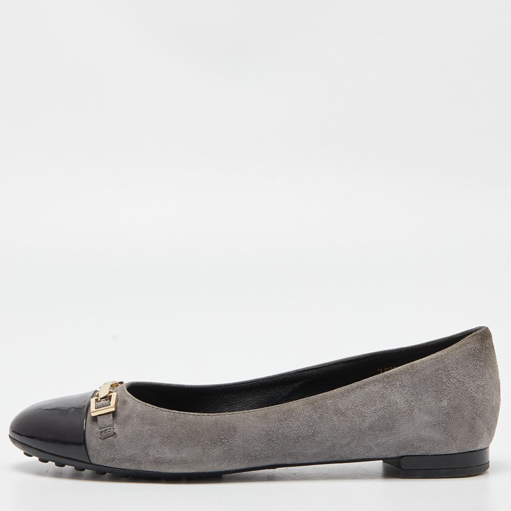 luxury-women-tods-used-shoes-p851231-009 Tod’s Grey/Black Suede and Patent Leather Buckle Detail Ballet Flats Size 36.5