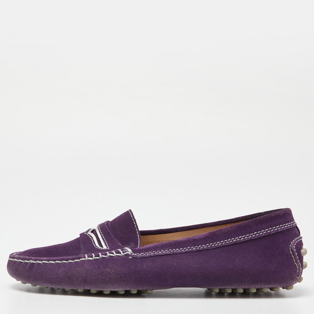 luxury-women-tods-used-shoes-p863818-002 Tod's Purple Suede Gommino Penny Slip On Loafers Size 36