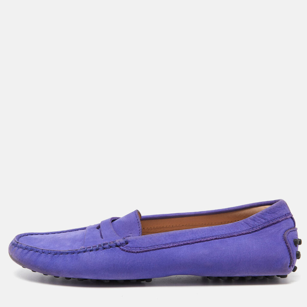 luxury-women-tods-used-shoes-p864428-004 Tod's Purple Suede Penny Slip On Loafers Size 36