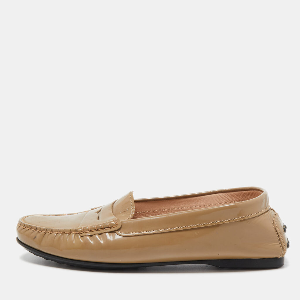 luxury-women-tods-used-shoes-p873843-001 Tod's Beige Patent Leather Penny Loafers Size 37.5