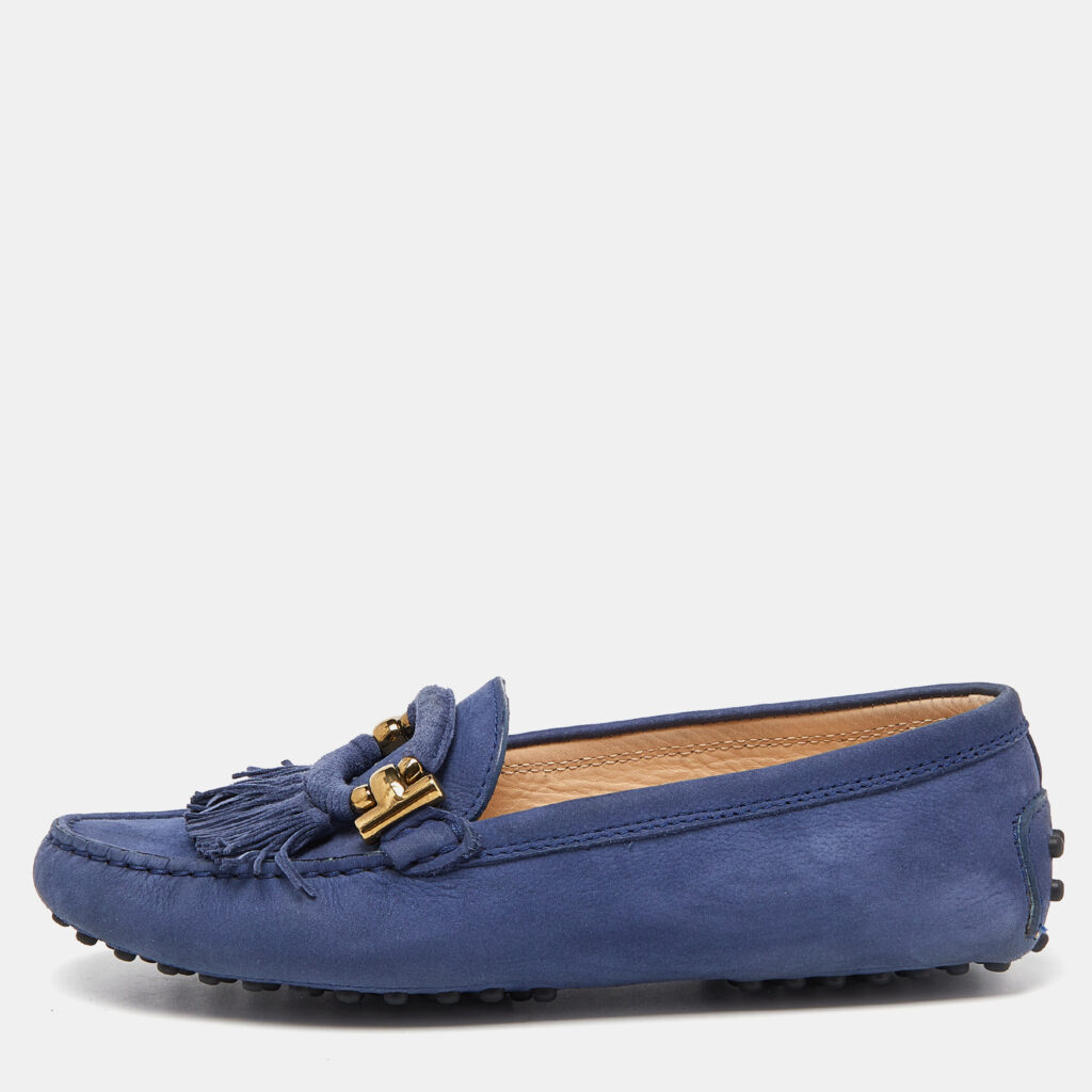 luxury-women-tods-used-shoes-p873901-008 Tod's Blue Suede Fringe Slip On Loafers Size 35