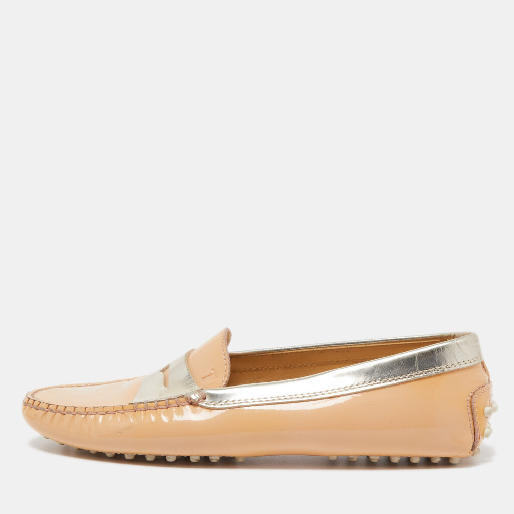 luxury-women-tods-used-shoes-p873941-001 Tod's Beige/Gold Patent Leather Penny Slip On Loafers Size 38.5