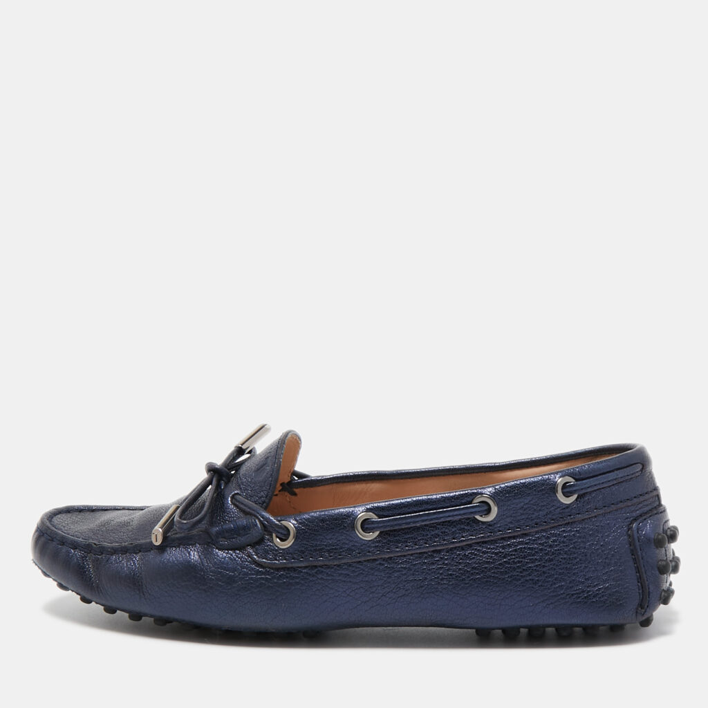 luxury-women-tods-used-shoes-p888696-001 Tod's Blue Leather Gommino Bow Slip On Loafers Size 36.5