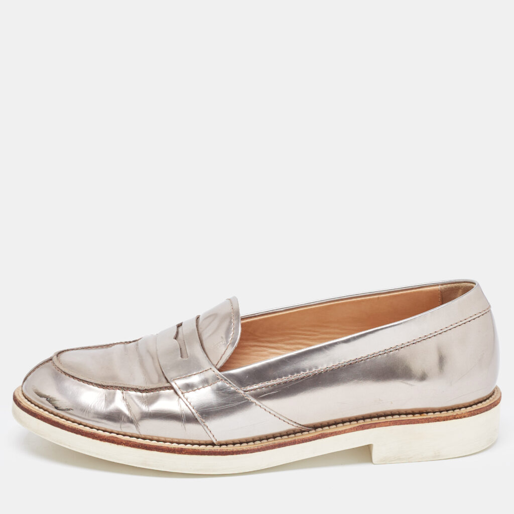 luxury-women-tods-used-shoes-p899578-003 Tod's Metallic Silver Leather Penny Loafers Size 37