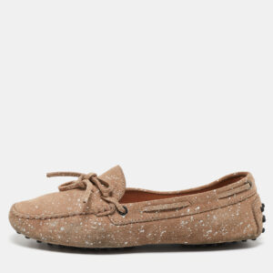 Tod's Beige Suede And Silver Paint Spot Bow Loafers Size 38.5