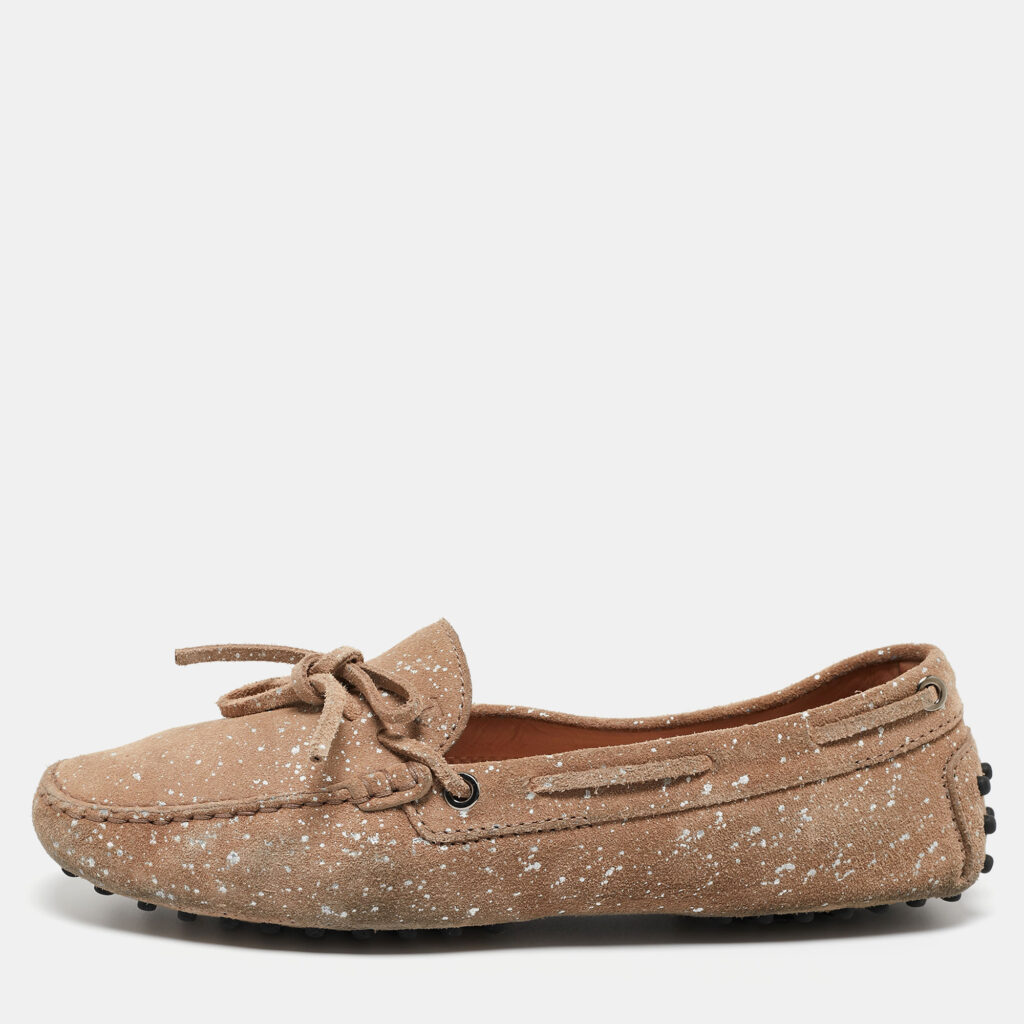 luxury-women-tods-used-shoes-p900520-010 Tod's Beige Suede And Silver Paint Spot Bow Loafers Size 38.5