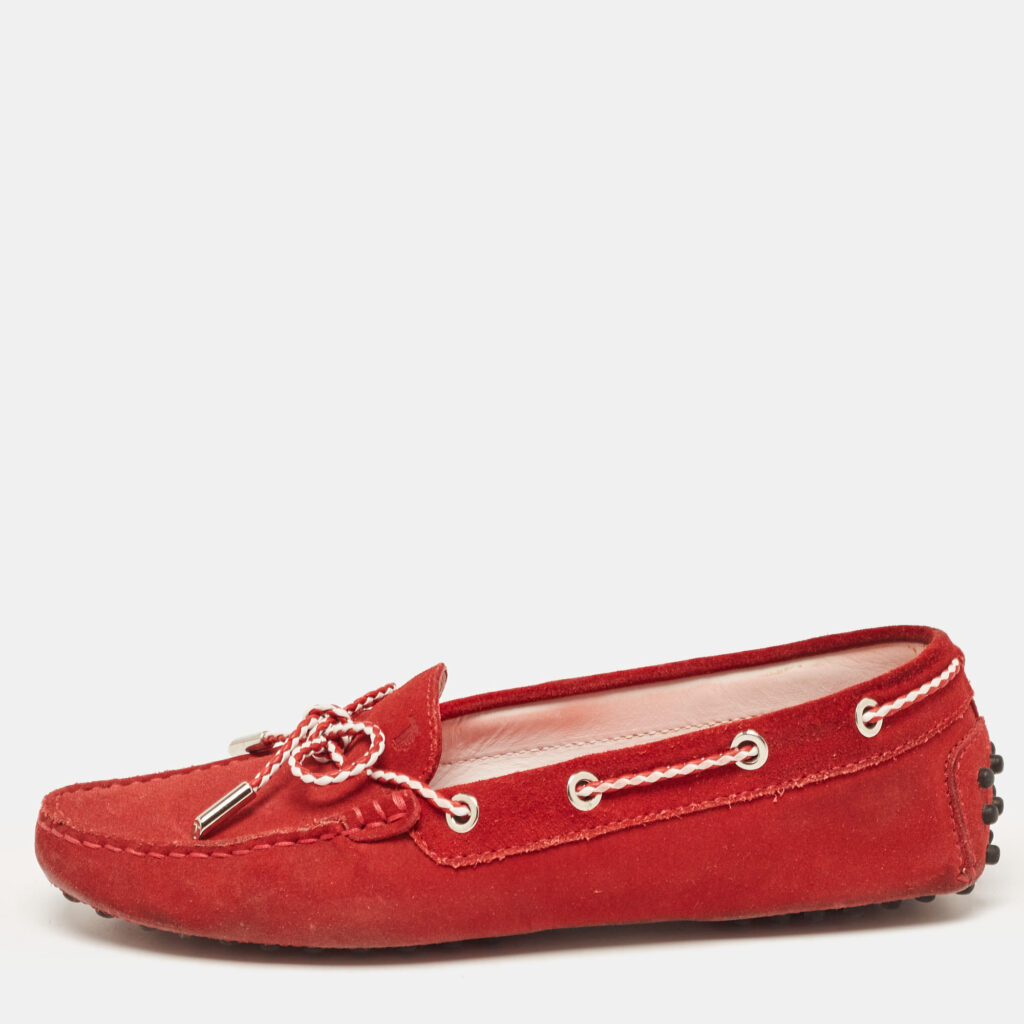 luxury-women-tods-used-shoes-p917272-001 Tod's Red Suede Gommino Slip On Loafers Size 37
