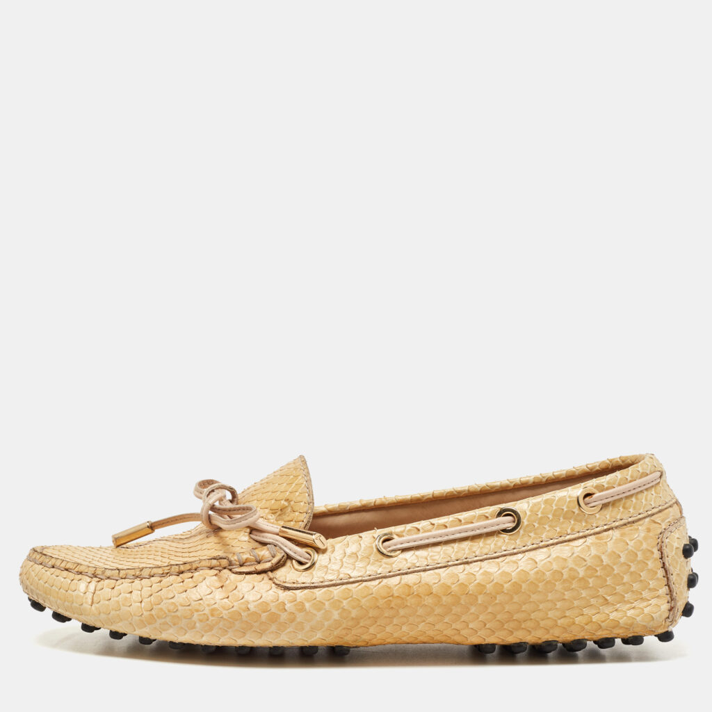 luxury-women-tods-used-shoes-p917660-006 Tod's Beige Watersnake Leather Penny Slip On Loafers Size 36.5