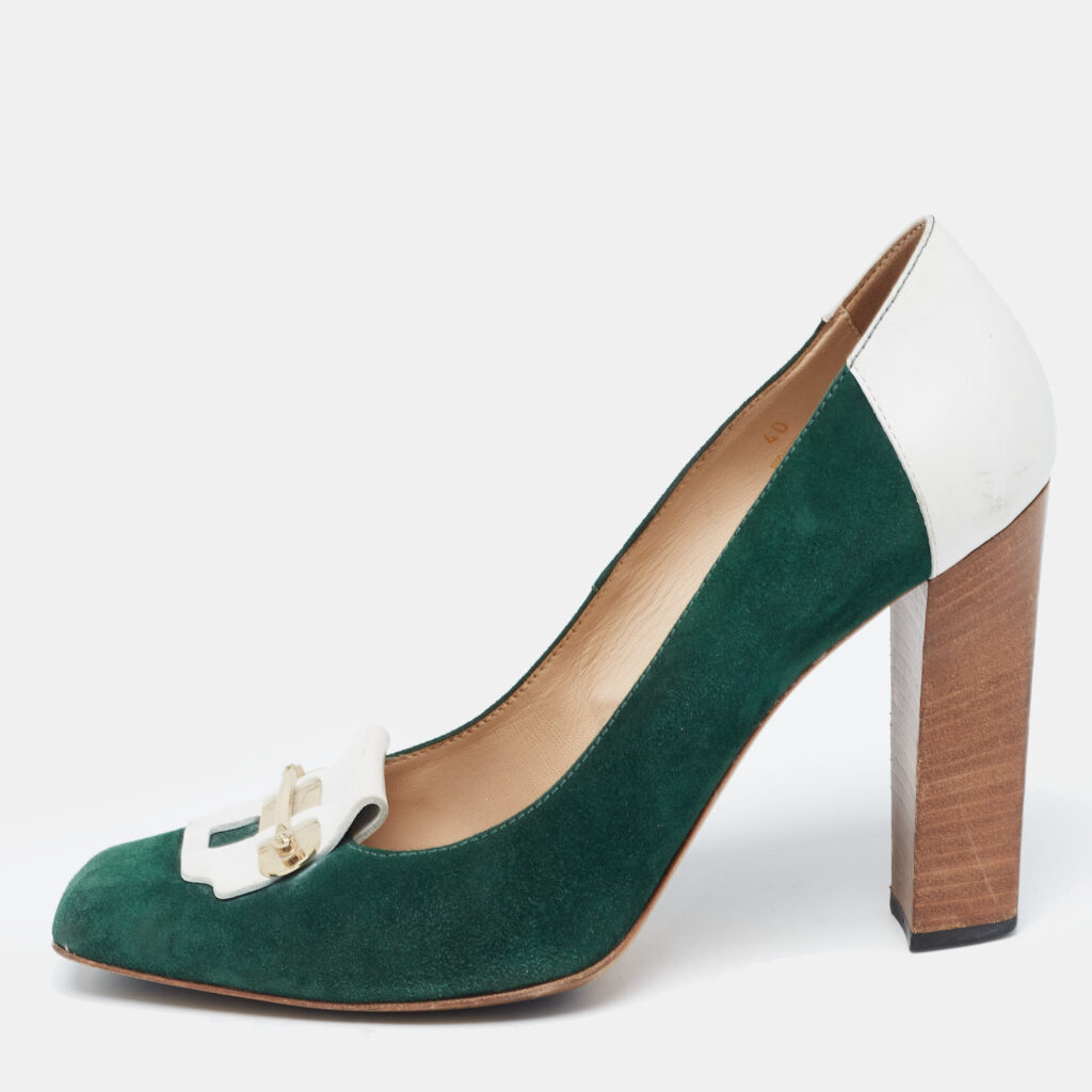 luxury-women-tods-used-shoes-p917919-001 Tod's Green/White Leather and Suede Loafer Pumps Size 40