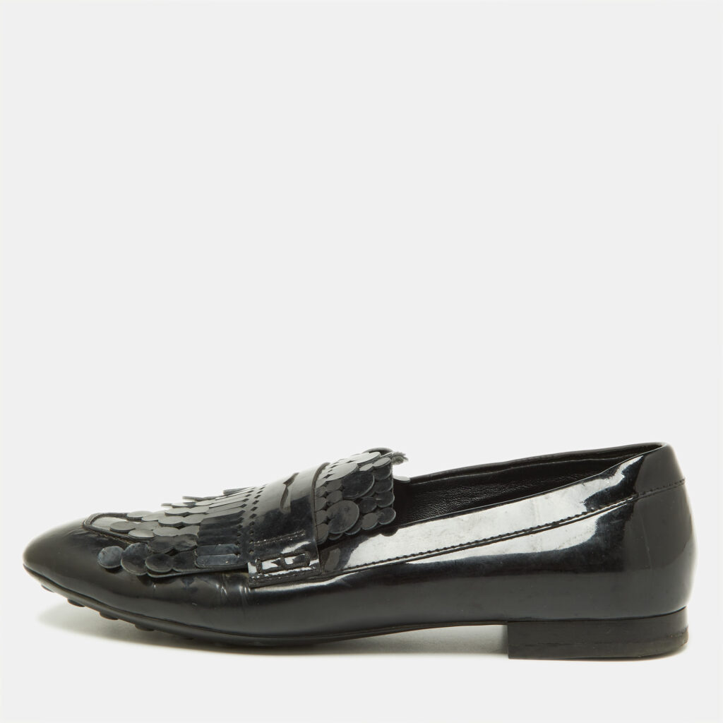 Tod's Black Patent Leather Laser Cut Fringe Loafers Size 38.5