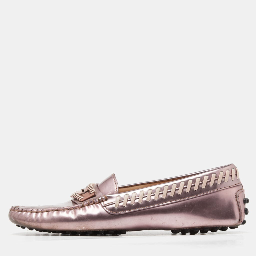 luxury-women-tods-used-shoes-p919612-010 Tod's Pink Patent Leather Gommino Slip On Loafers Size 36
