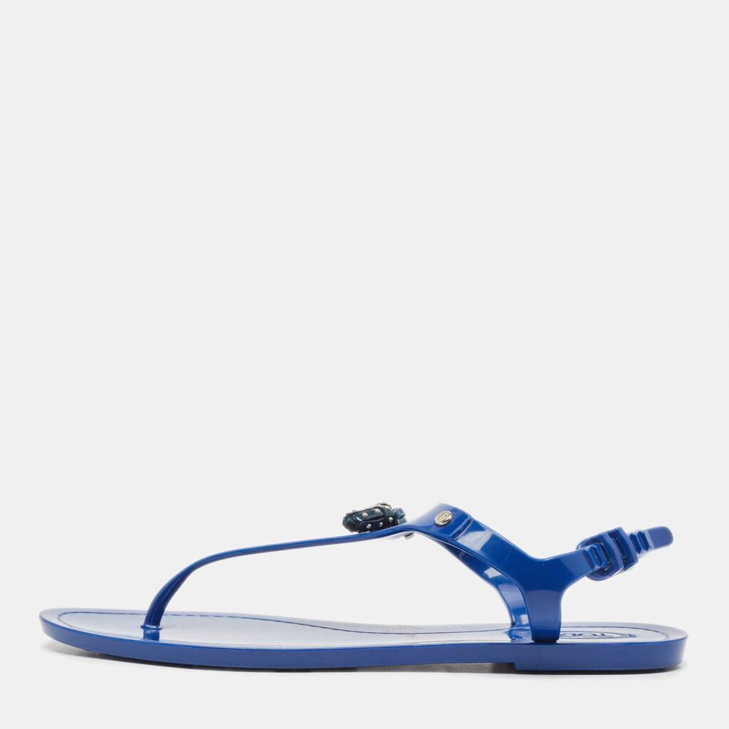 luxury-women-tods-used-shoes-p919641-003 Tod's Blue Rubber Studded Tassel Flat Thong Sandals Size 40