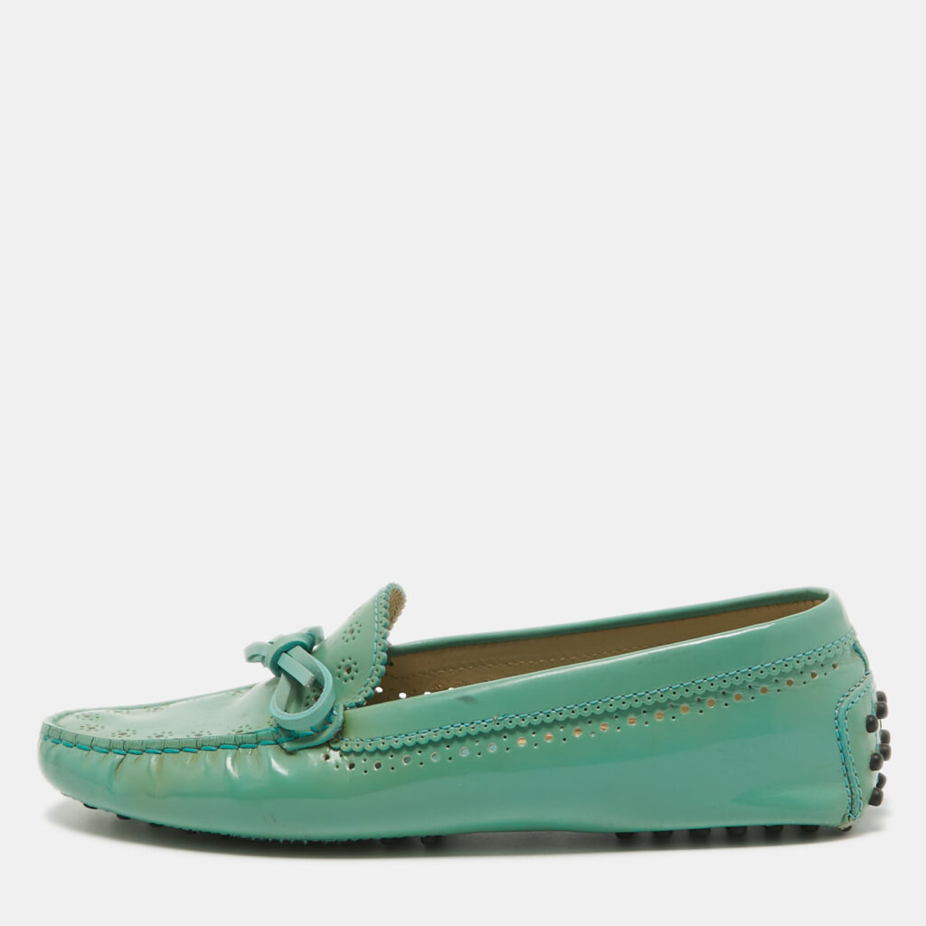 luxury-women-tods-used-shoes-p919725-001 Tod's Green Patent Leather Bow Loafers Size 38