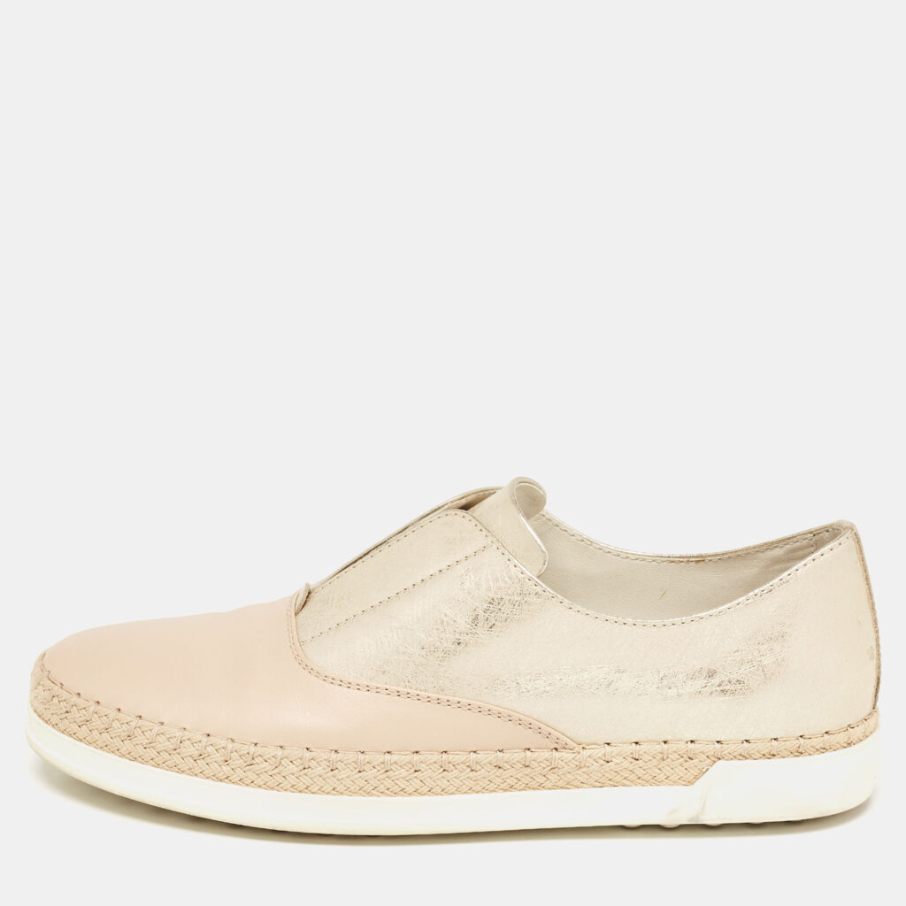 luxury-women-tods-used-shoes-p929688-010 Tod's Beige/Gold Leather Espadrille Flat Size 36