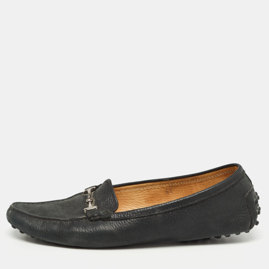 luxury-women-tods-used-shoes-p932330-010 Tod's Black Textured Nubuck Leather Buckle Loafers Size 40