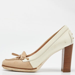 Tod's Two Tone Beige Leather and Patent Block Heel Pumps Size 38