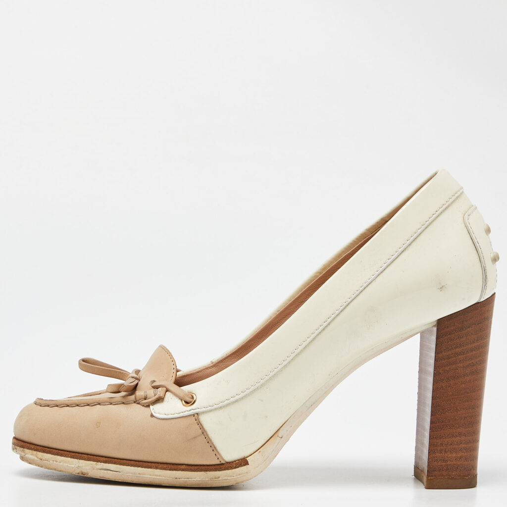 luxury-women-tods-used-shoes-p932491-009 Tod's Two Tone Beige Leather and Patent Block Heel Pumps Size 38