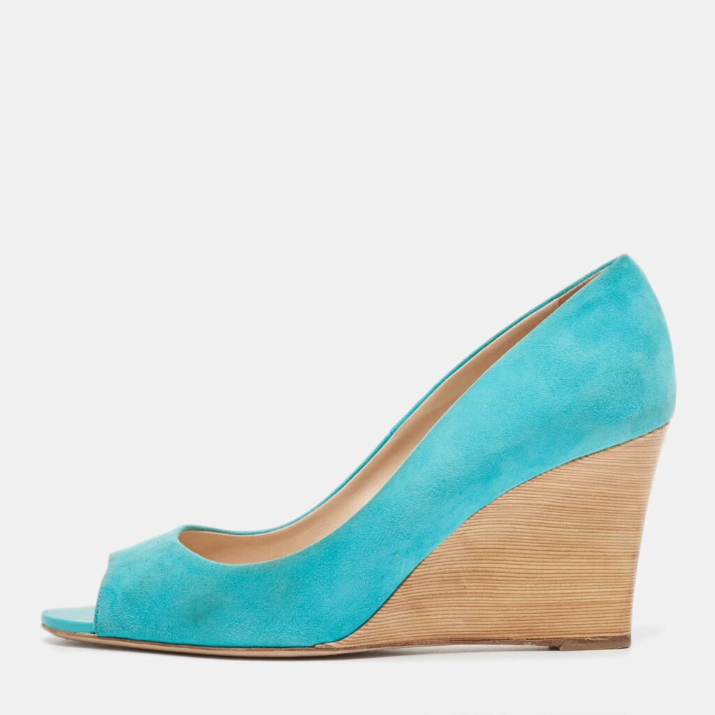 luxury-women-tods-used-shoes-p932896-003 Tod's Blue Suede Peep Toe Wedge Pumps Size 40