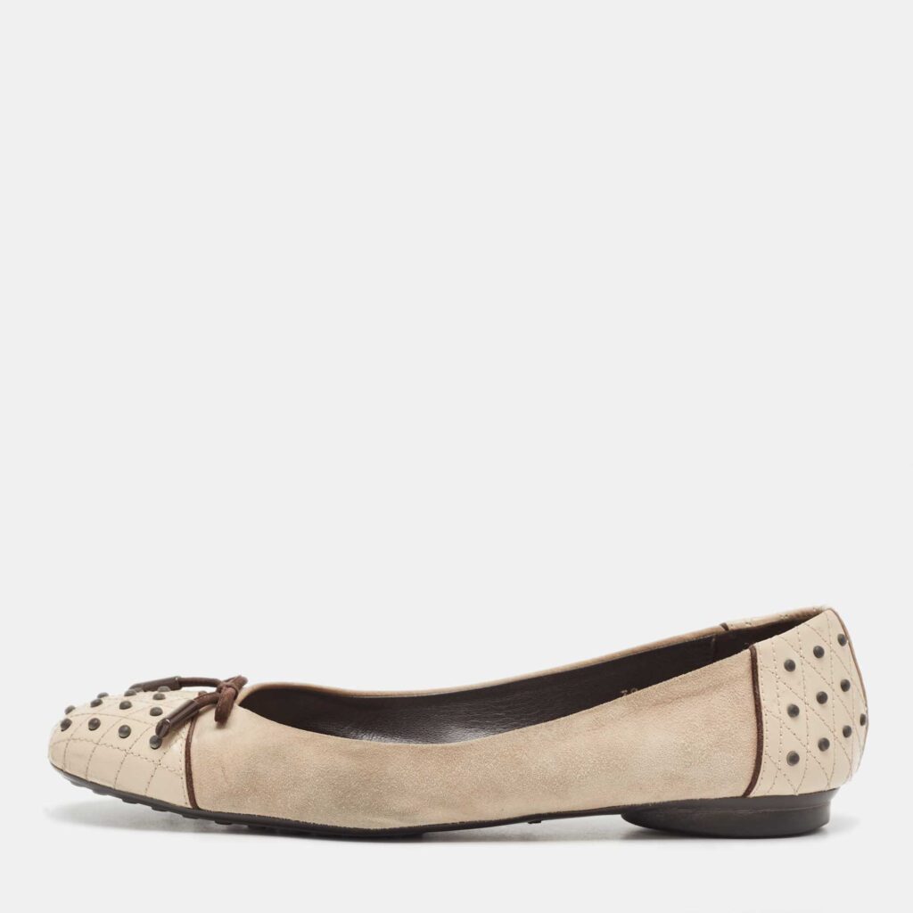 luxury-women-tods-used-shoes-p934008-003 Tod's Two Tone Suede and Studded Leather Bow Ballet Flats Size 39