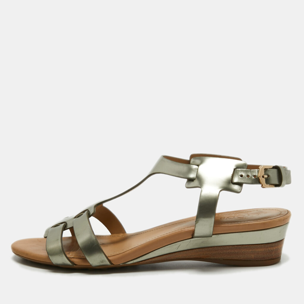luxury-women-tods-used-shoes-p936637-001 Tod's Metallic Leather Wedge Ankle Strap Sandals Size 36.5