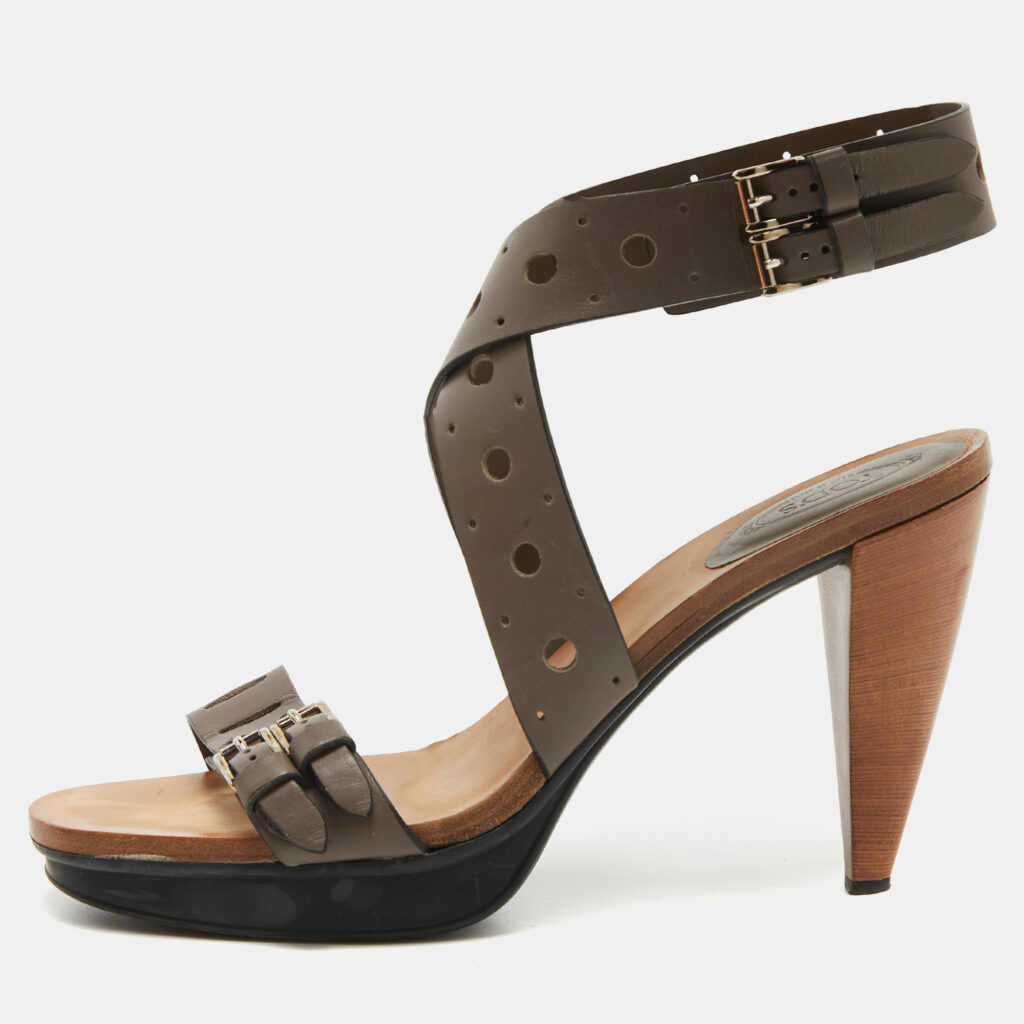 luxury-women-tods-used-shoes-p936650-001 Tod's Grey Leather Perforated Platform Ankle Strap Sandals Size 40