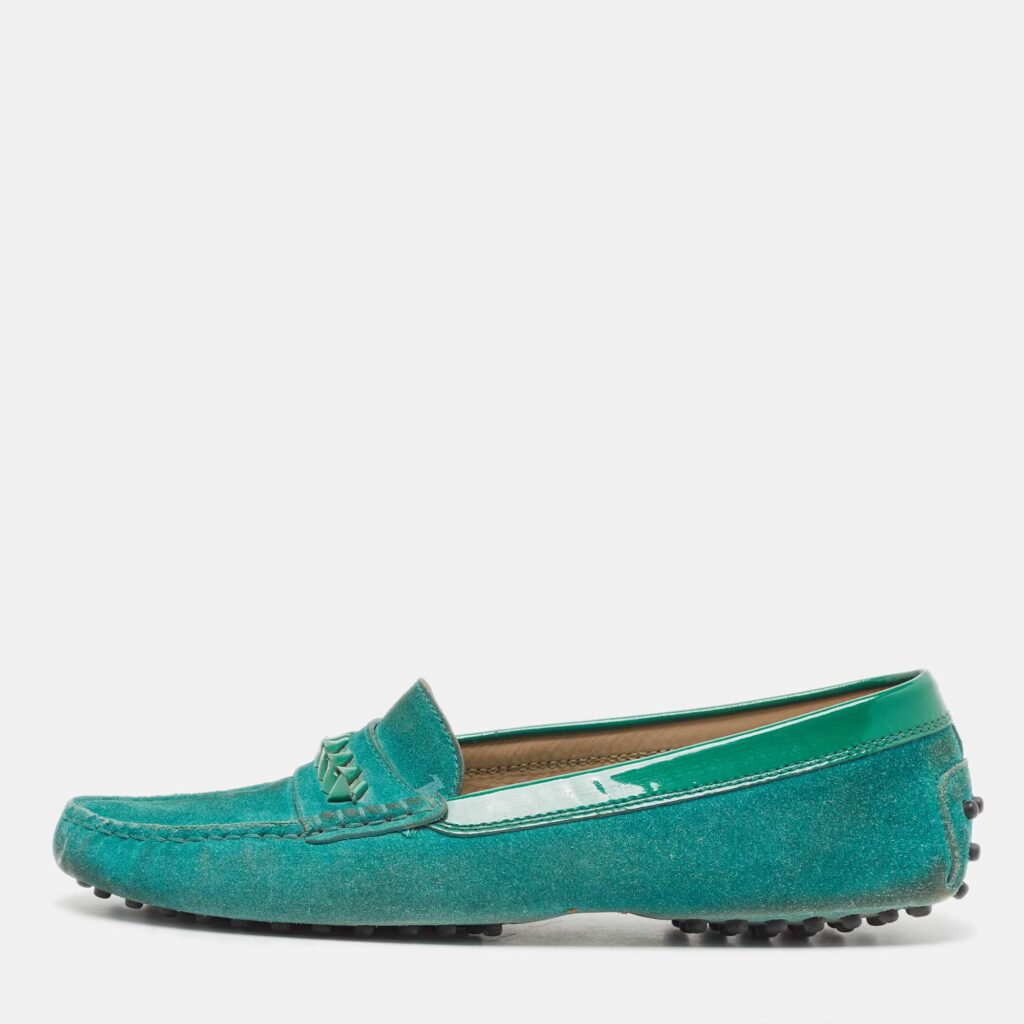 luxury-women-tods-used-shoes-p941807-003 Tod's Green Suede and Patent Slip On Loafers Size 39
