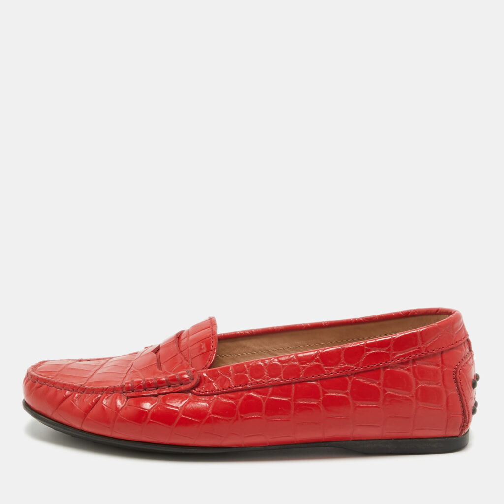 luxury-women-tods-used-shoes-p942154-001 Tod's Red Croc Embossed Leather Penny Slip On Loafers Size 36