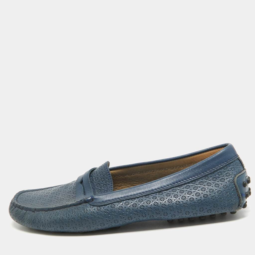 luxury-women-tods-used-shoes-p943932-001 Tod's Navy Blue Leather Laser Cut Penny Loafers Size 38