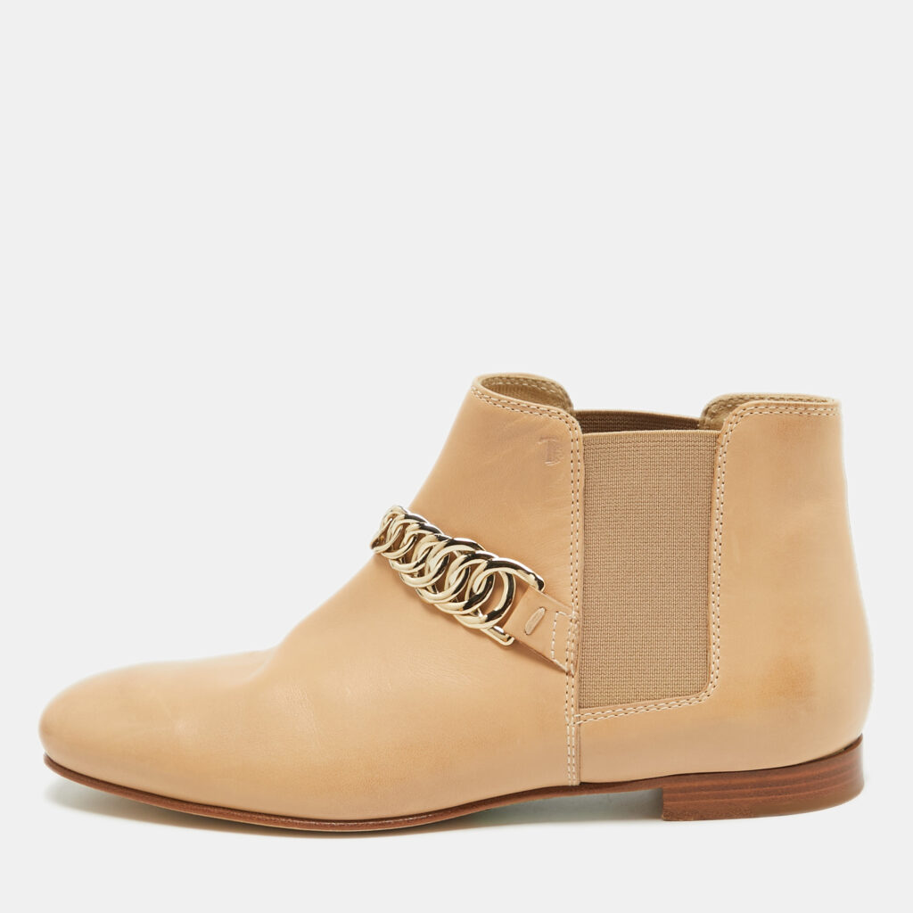 luxury-women-tods-used-shoes-p962566-001 Tod's Beige Leather Chain Detail Ankle Boots Size 35.5