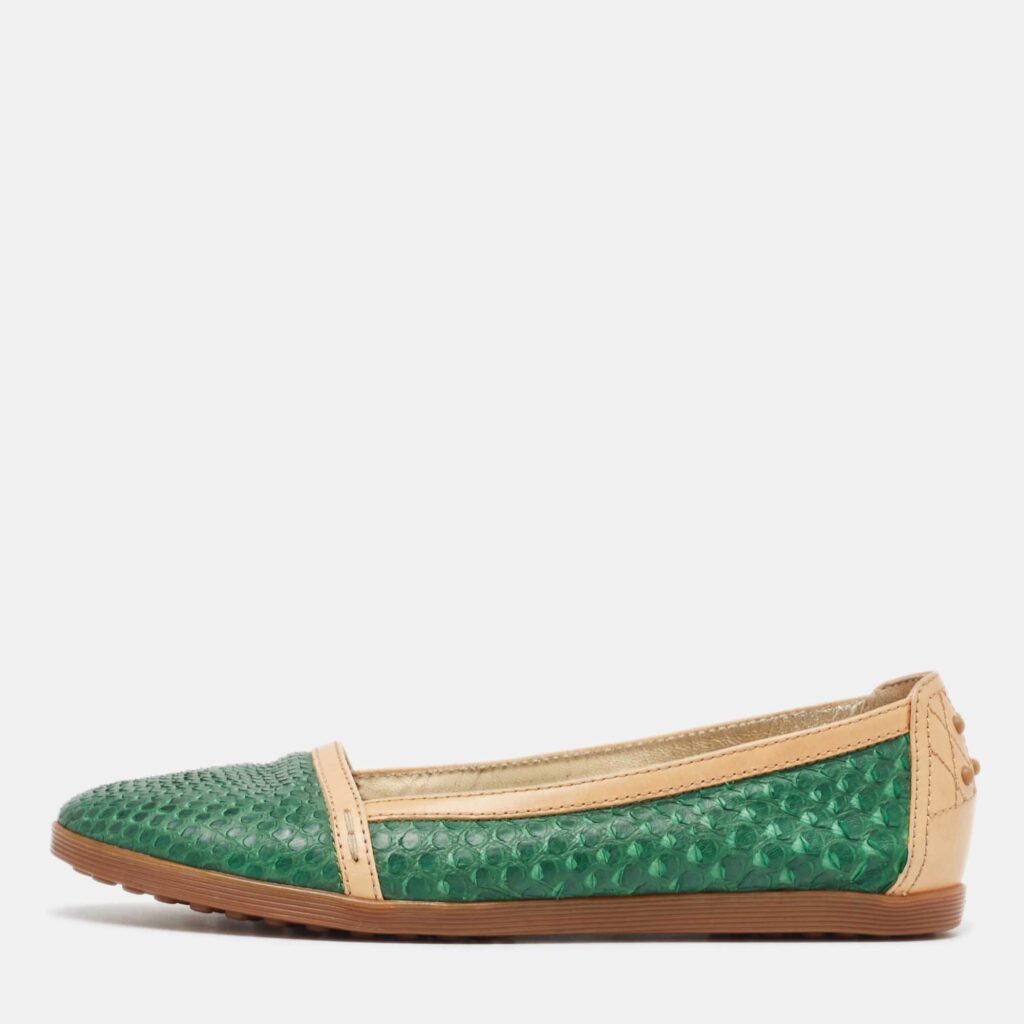 luxury-women-tods-used-shoes-p975725-003 Tod's Green/Tan Snakeskin And Leather Loafers Size 35.5