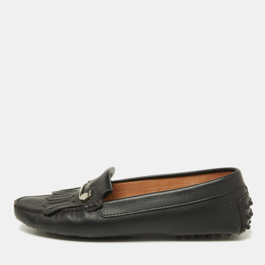 Tod's Black Leather Fringe Detail Slip On Loafers Size 39