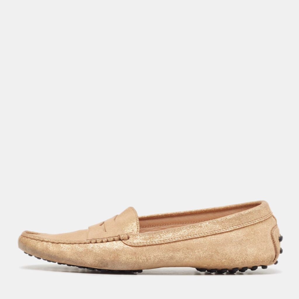 Tod's Gold Glitter Suede Penny Loafers Size 41