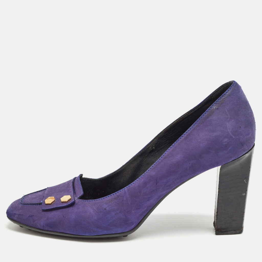 luxury-women-tods-used-shoes-p998405-005 Tod's Purple Nubuck Leather Square Toe Pumps Size 41