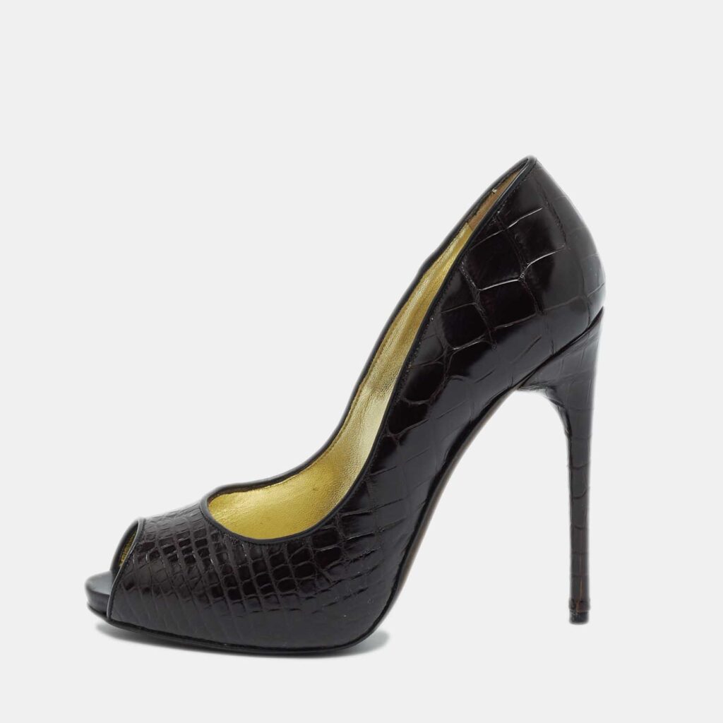 luxury-women-tom-ford-used-shoes-p1071474-001 Tom Ford Brown Croc Embossed Leather Peep Toe Pumps Size 37