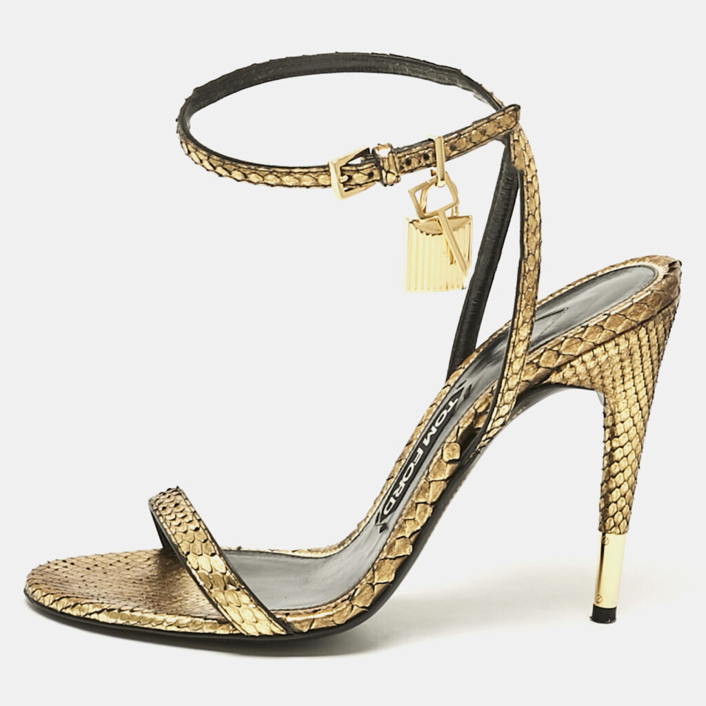 luxury-women-tom-ford-used-shoes-p1114484-001 Tom Ford Gold Python Padlock Ankle Wrap Sandals Size 37.5