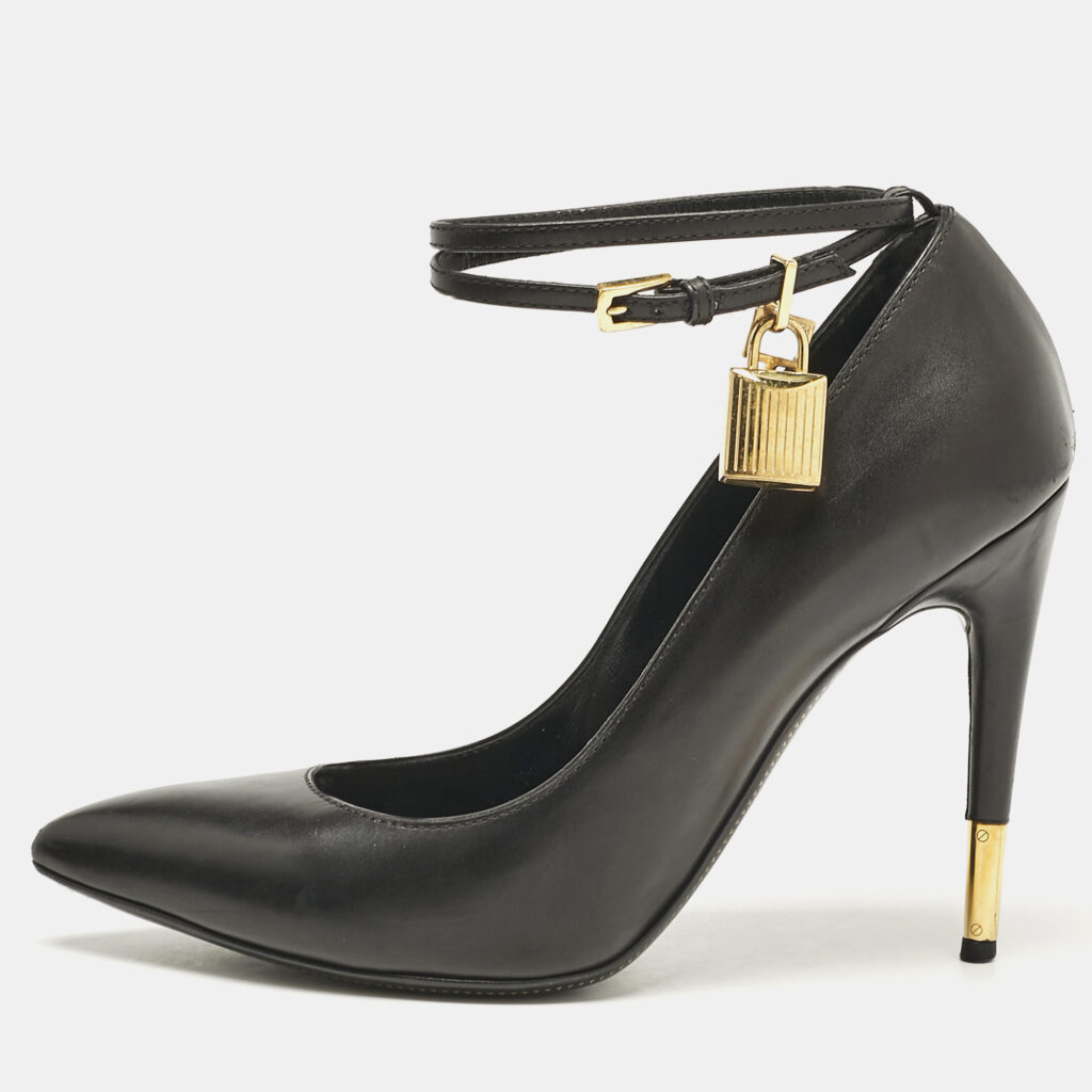 Tom Ford Black Leather Padlock Ankle Wrap Pumps Size 38