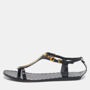 Tom Ford Black Croc Embossed Leather T-Strap Flat Sandals Size 37