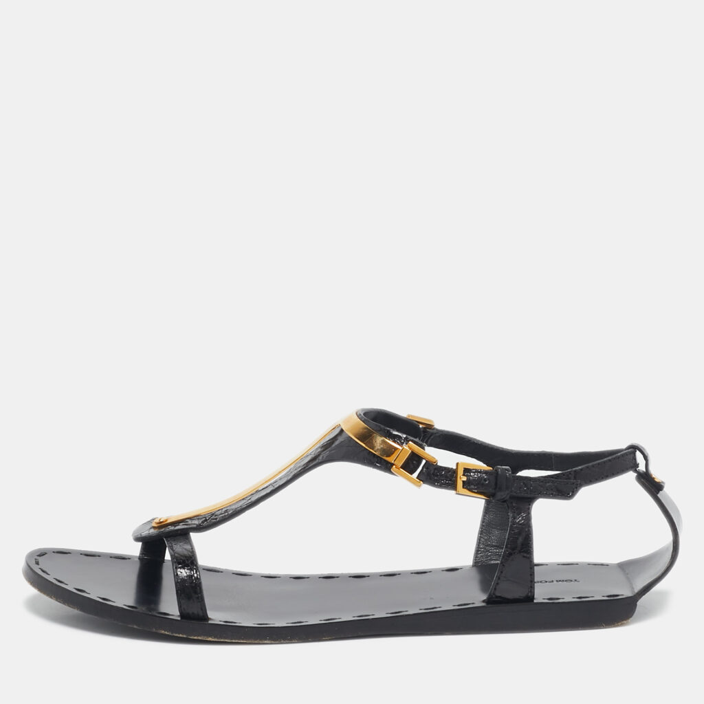 Tom Ford Black Croc Embossed Leather T-Strap Flat Sandals Size 37
