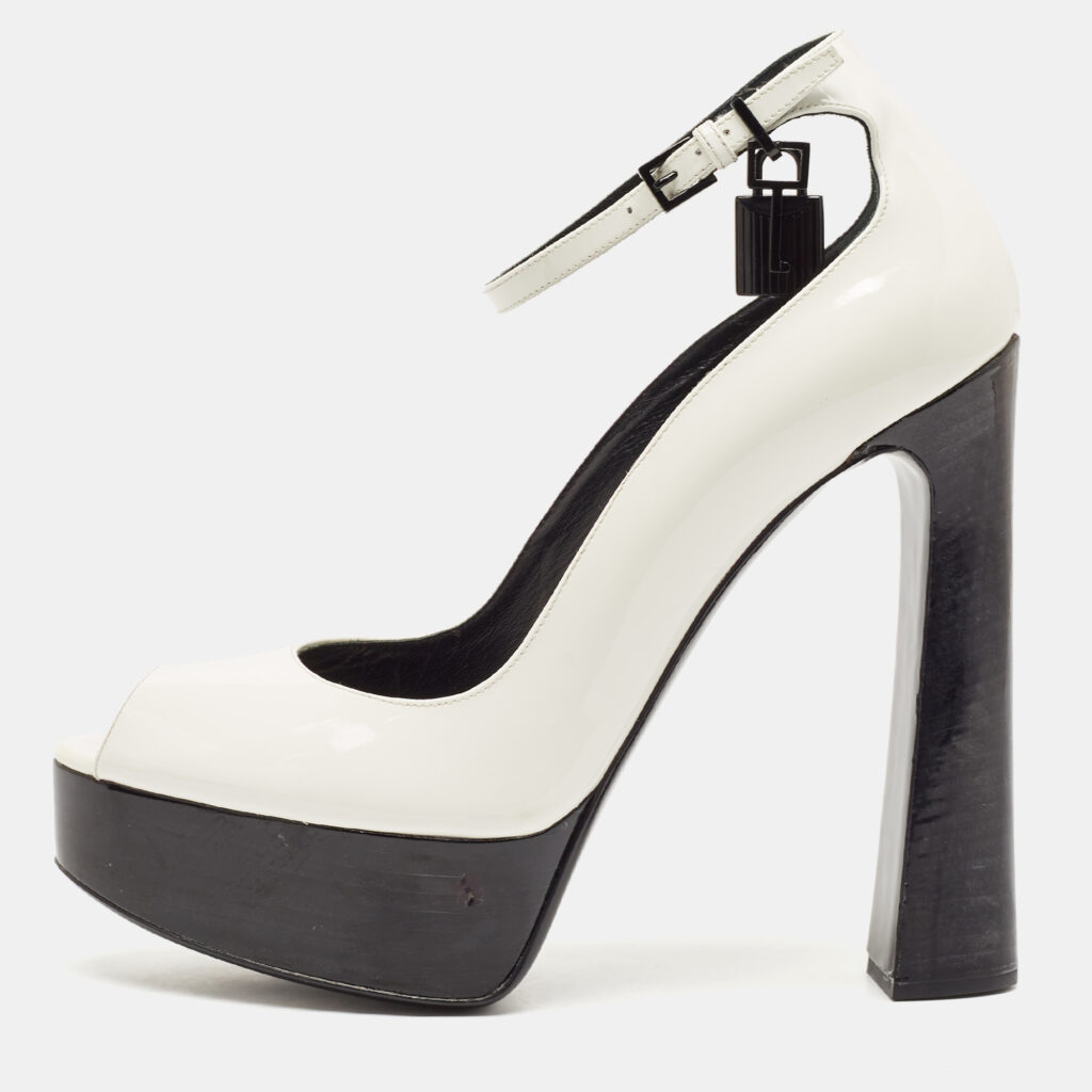 luxury-women-tom-ford-used-shoes-p1129642-001 Tom Ford White Patent Leather Padlock Peep Toe Ankle Wrap Pumps Size 41